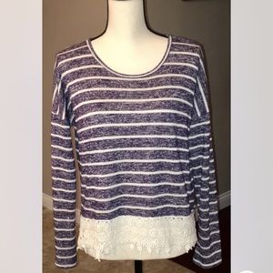 Women's Rewind Blue & White Striped Crochet Hem Long Sleeve Top/Shirt, Large L
